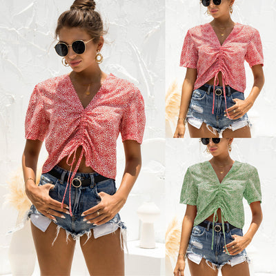 Floral V Neck Drawstring Top