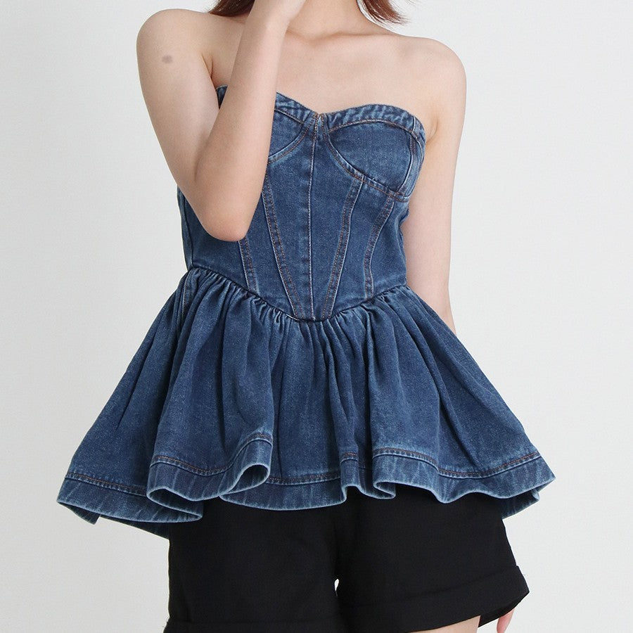 Denim Bra Wash Ruffle Top