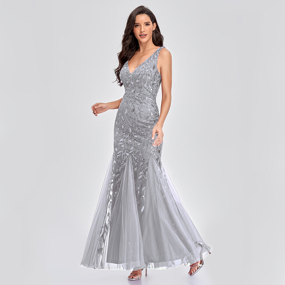 Sexy Long Dress Sleeveless V-neck Embroidered Sequin Slim Mermaid Dress