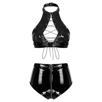 PVC Mirror Leather Vest Set