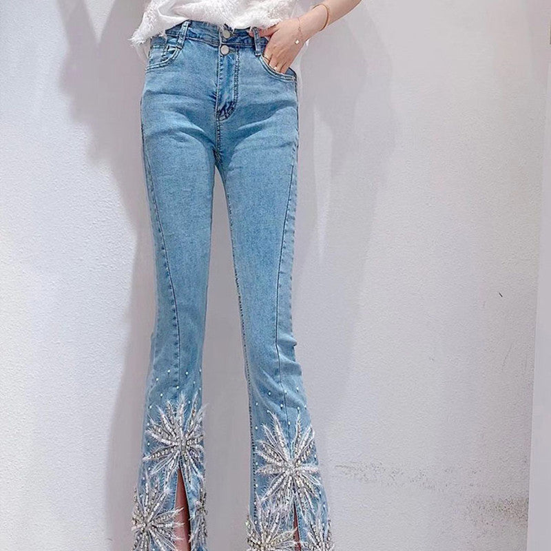 Beaded Diamond Slit Jeans