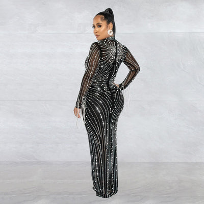 Mesh Tassel Rhinestones Maxi Dress