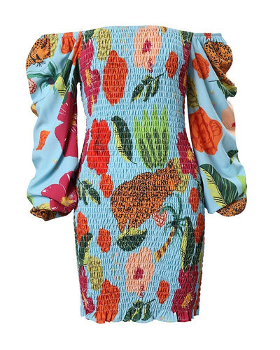 Tropical Print Shirred Dress