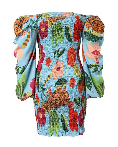 Tropical Print Shirred Dress