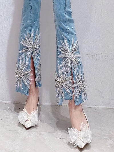 Beaded Diamond Slit Jeans