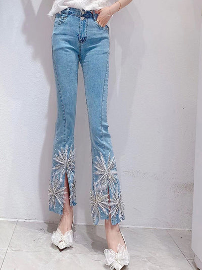 Beaded Diamond Slit Jeans