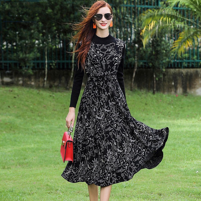 Jacquard Long-Sleeve Wool Dress