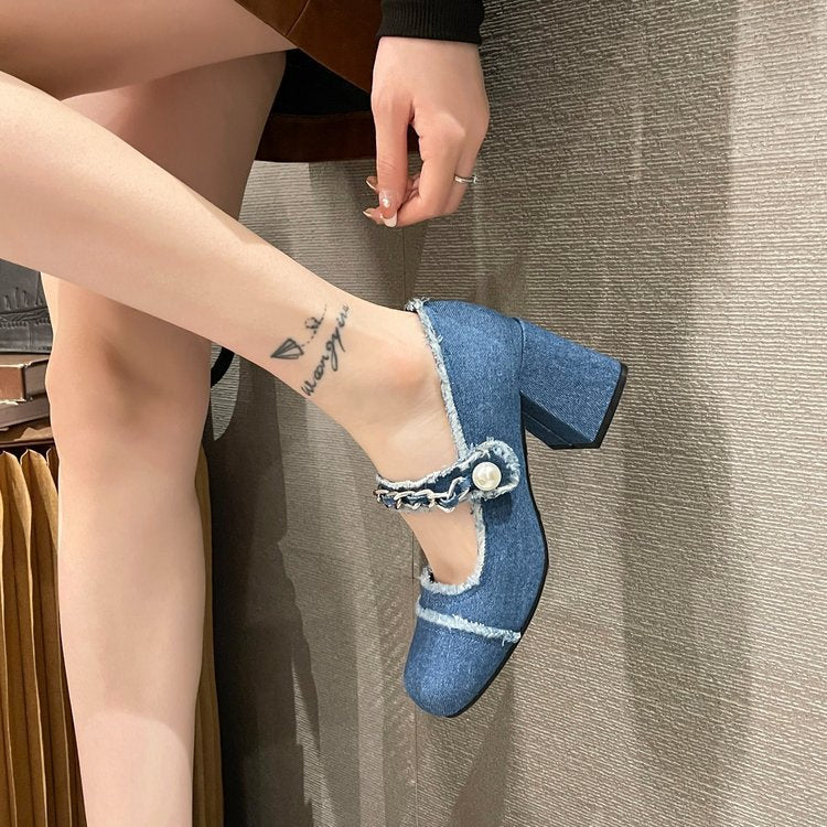 Denim Pearl Square Toe Shoes