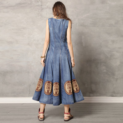 Applique Embroidered Slim Fit Denim Maxi Skirt