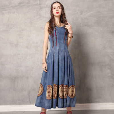 Applique Embroidered Slim Fit Denim Maxi Skirt