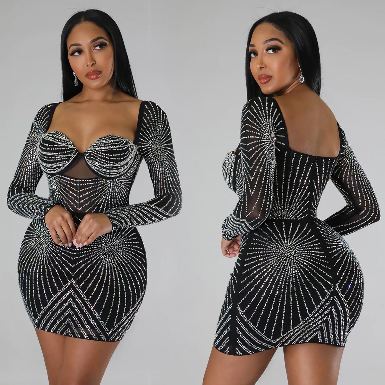 Rhinestones Long Sleeve Bodycon